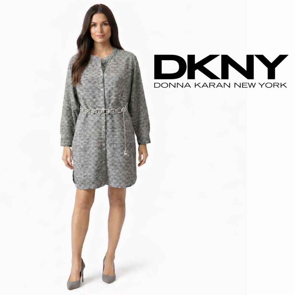 DKNY Long Sleeve Gray and White Button Down Shirt Dress, Size XL